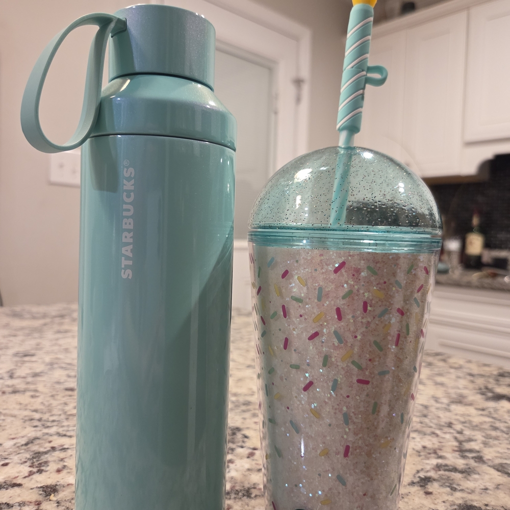 Starbucks Teal Water Bottle and Glitter Cup Set